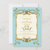 Barok Regency Faux Gold Blue Bow Wedding Kaart (Voorkant)