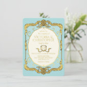 Barok Regency Faux Gold Blue Wedding Kaart (Staand voorkant)