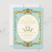 Barok Regency Faux Gold Blue Wedding Kaart (Voorkant)