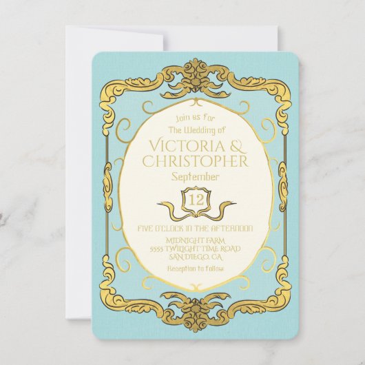 Barok Regency Faux Gold Blue Wedding Kaart (Voorkant)