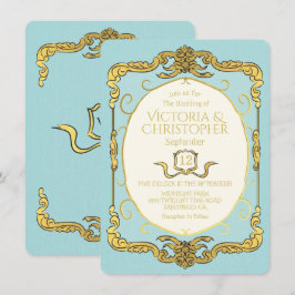 Barok Regency Faux Gold Blue Wedding Kaart