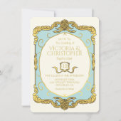 Barok Regency Faux Gold Blue Wedding Kaart (Voorkant)
