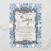  barok rococo bloemenblauw wit zilver folie uitnodiging (Voorkant)