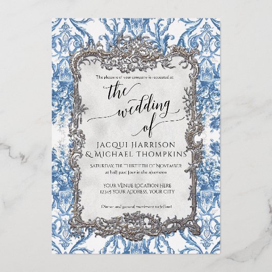  barok rococo bloemenblauw wit zilver folie uitnodiging (Voorkant)