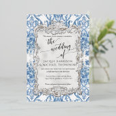  barok rococo bloemenblauw wit zilver folie uitnodiging (Staand Voorkant)