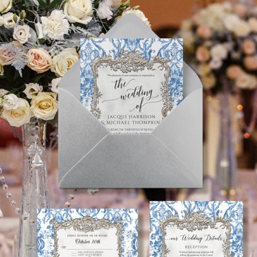  barok rococo bloemenblauw wit zilver folie uitnodiging