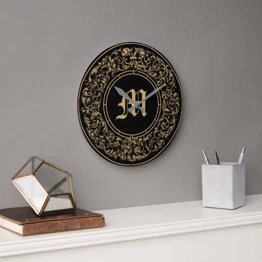 Barok Rococo Bloemenkrans Monogram Print Grote Klok (Kantoor)