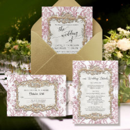 barok rococo bloemig stoffig roze goudfolie folie uitnodiging