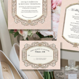  barok rococo blush roze n gouden bruiloft RSVP kaartje
