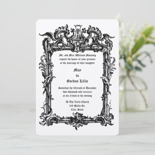 Barok Rococo Lijst met Rocaille Volutes Bruiloft Kaart (Staand voorkant)