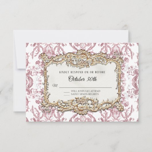  barok rococo roze n gouden bloemenbruiloft RSVP kaartje (Voorkant)
