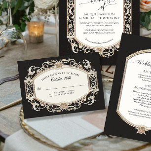 barok rococo zwart wit n gouden bruiloft RSVP kaartje