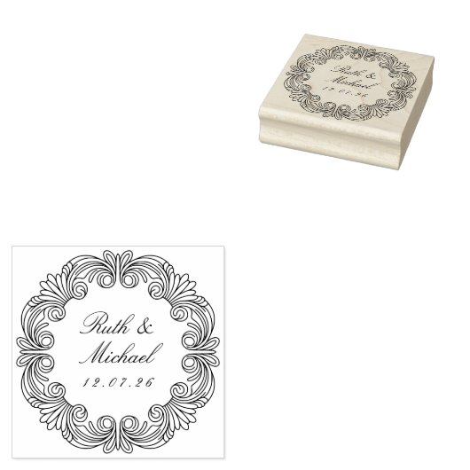  Barok Scrollwork Houten Huwelijksnaam Datum Rubberstempel (Gestempeld)