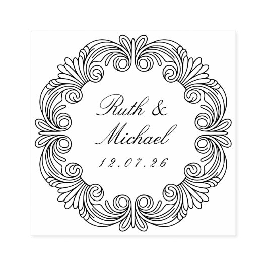  Barok Scrollwork Houten Huwelijksnaam Datum Rubberstempel (Afrduk)