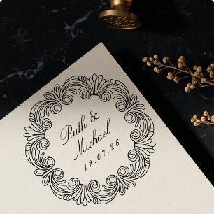  Barok Scrollwork Houten Huwelijksnaam Datum Rubberstempel