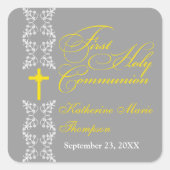 Barok Strip Grijs Eerste Heilige Communie Vierkante Sticker (Voorkant)