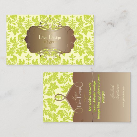 Barokdemask in kalkgroen/chocoladebruin visitekaartje (Voorkant / Achterkant)