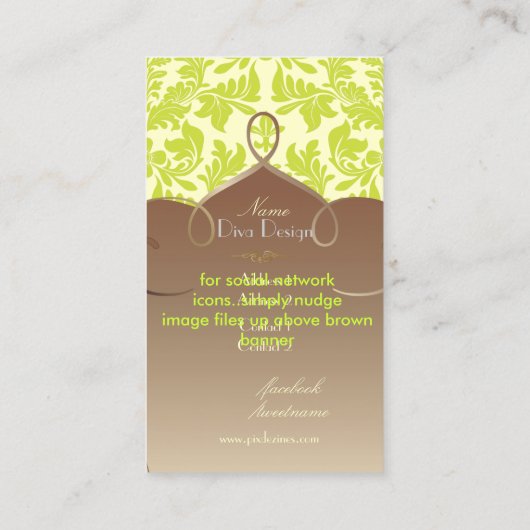Barokdemask in kalkgroen/chocoladebruin visitekaartje (Achterkant)
