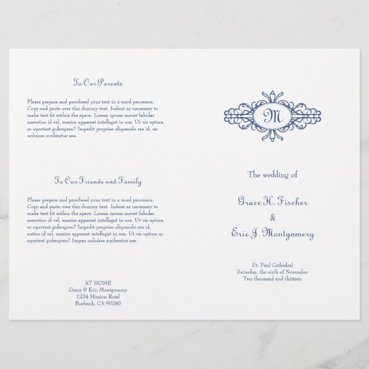 Barokes lijst monogram marineblauw trouwprogramma (Voorkant)