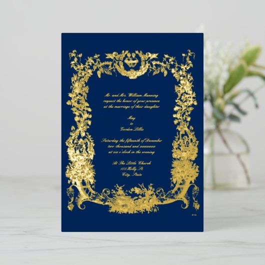 Barokische Rococo-grens met hart Folie Uitnodiging (Staand Voorkant)