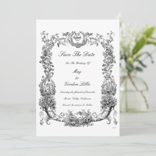  Barokische Rococo-grens met hart Save The Date (Staand voorkant)