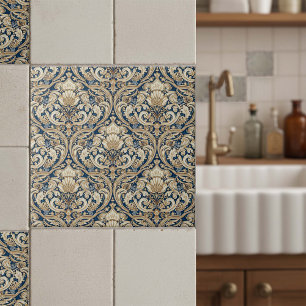 Barokke Acanthus Krullen Pat#3 Blauw Goud ID1194 Tegeltje