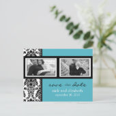 Barokke Aqua-Black-White 2-foto Bewaar de datum Aankondigingskaart (Staand voorkant)
