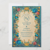 Barokke Bloemen en Blauwgroen Patroon Wedding Kaart (Voorkant)