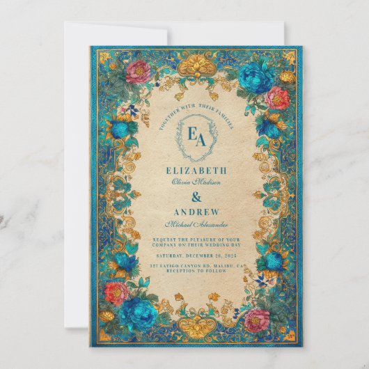 Barokke Bloemen en Blauwgroen Patroon Wedding Kaart (Voorkant)