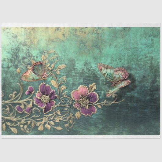Barokke Bloemen, Fantasy Vlinders Blauwgroen Patin Tissuepapier (Voorkant)