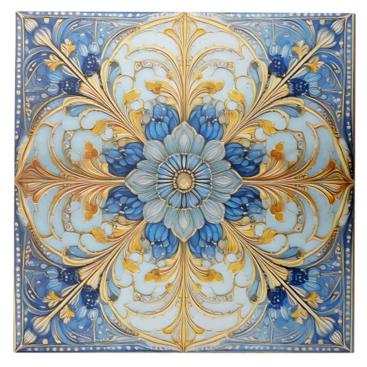 Barokke Bloemen Tegel Pat#17 Zacht Blauw Goud ID10 Tegeltje (Voorkant)