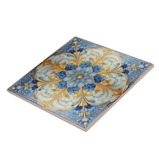 Barokke Bloemen Tegel Pat#17 Zacht Blauw Goud ID10 Tegeltje (Zijkant)