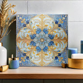 Barokke Bloemen Tegel Pat#17 Zacht Blauw Goud ID10 Tegeltje