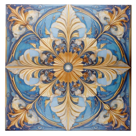 Barokke Bloemen Tegel Pat#18 Sky Blue Gold ID1078 Tegeltje (Voorkant)