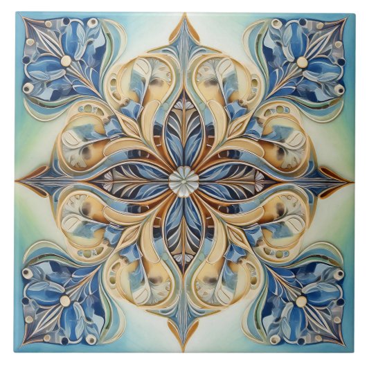 Barokke Bloemen Tegel Pat#20 Blauw Groen Goud ID10 Tegeltje (Voorkant)