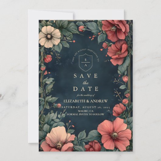 Barokke bloemengotische bruiloft save the date (Voorkant)