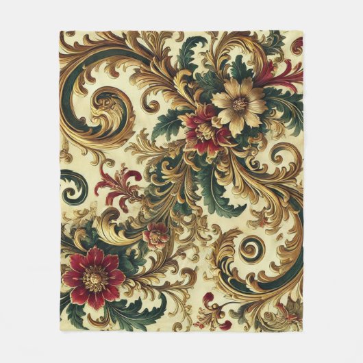 Barokke Bloemenpatroon met Goud, Rood, Groen A Fleece Deken (Voorkant)
