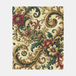Barokke Bloemenpatroon met Goud, Rood, Groen A Fleece Deken