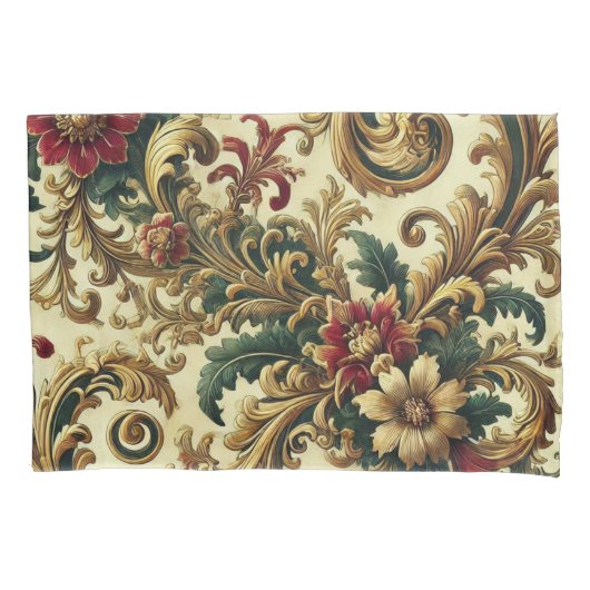 Barokke Bloemenpatroon met Goud, Rood, Groen A Kussensloop (Voorkant)