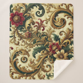 Barokke Bloemenpatroon met Goud, Rood, Groen A Sherpa Deken