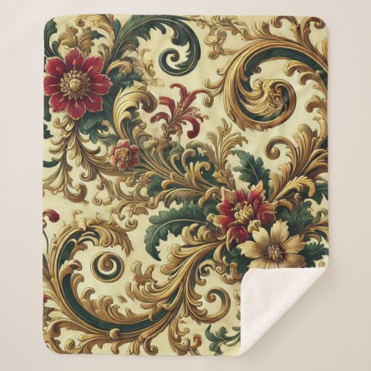 Barokke Bloemenpatroon met Goud, Rood, Groen A Sherpa Deken (Voorkant)