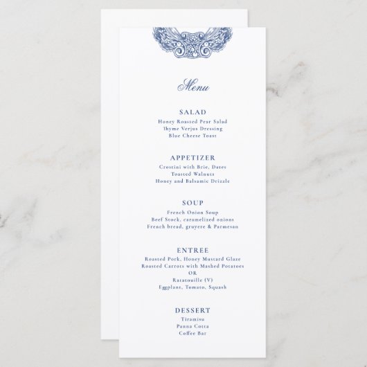 Barokke Crest Franse Blauw Antiek bruiloft Menu (Voorkant / Achterkant)
