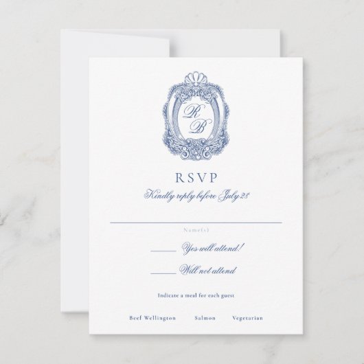 Barokke Crest Franse Blauw Antiek bruiloft RSVP Kaartje (Voorkant)