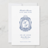 Barokke Crest Franse Blauw Antiek bruiloft Save The Date (Voorkant)
