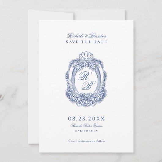 Barokke Crest Franse Blauw Antiek bruiloft Save The Date (Voorkant)