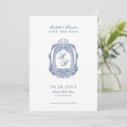 Barokke Crest Franse Blauw Antiek bruiloft Save The Date (Staand voorkant)