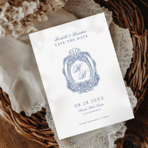 Barokke Crest Franse Blauw Antiek bruiloft Save The Date