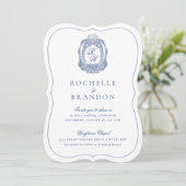 Barokke Crest Franse Blauw Antiek Die Cut Wedding Kaart (Staand voorkant)
