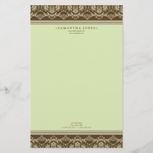 Barokke Damask Designer Stationery:: salie Briefpapier (Voorkant)