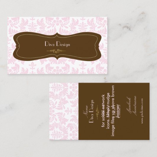Barokke damast in roze/chocoladebruin visitekaartje (Voorkant / Achterkant)